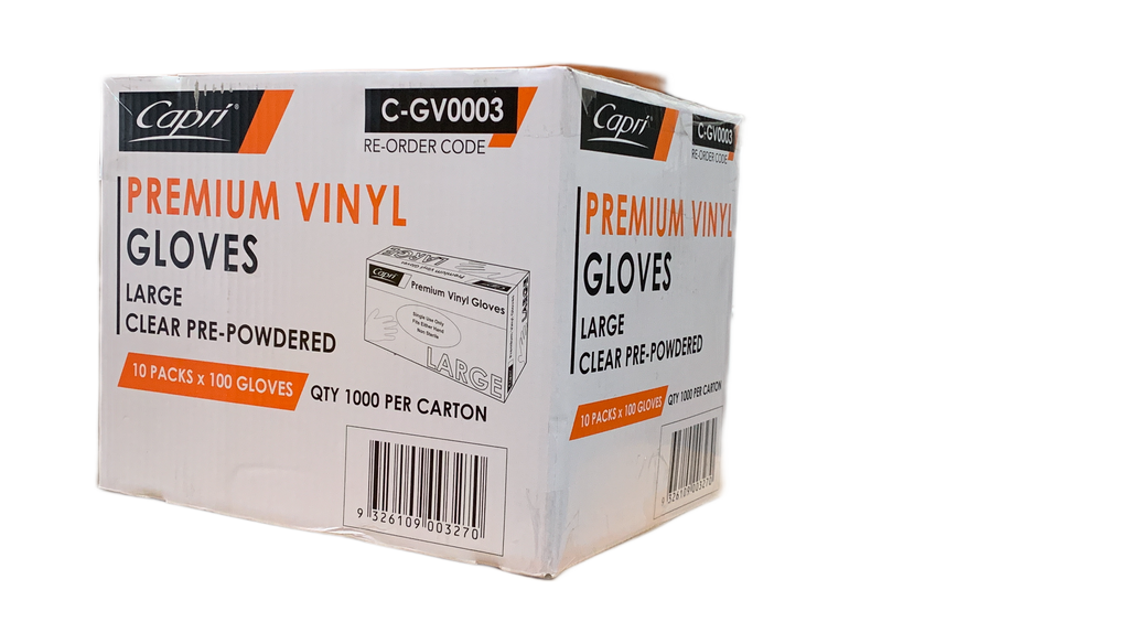 Capri Vinyl Pre-Powdered gloves Large Clear 1000 Pcs - Bosca Chemicals