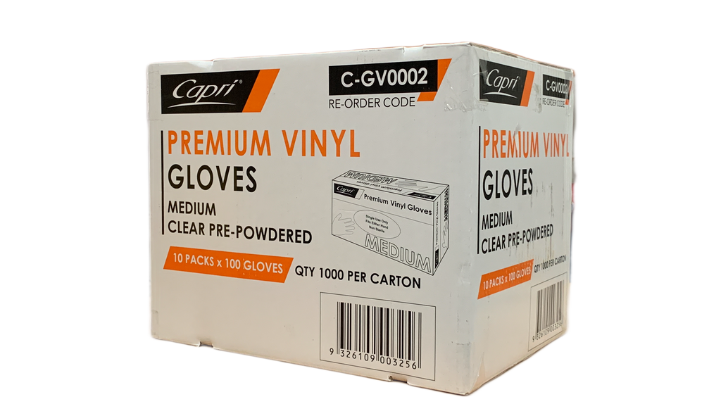 Capri Vinyl Powdred glvoes Medium Clear 1000 Pcs - Bosca Chemicals